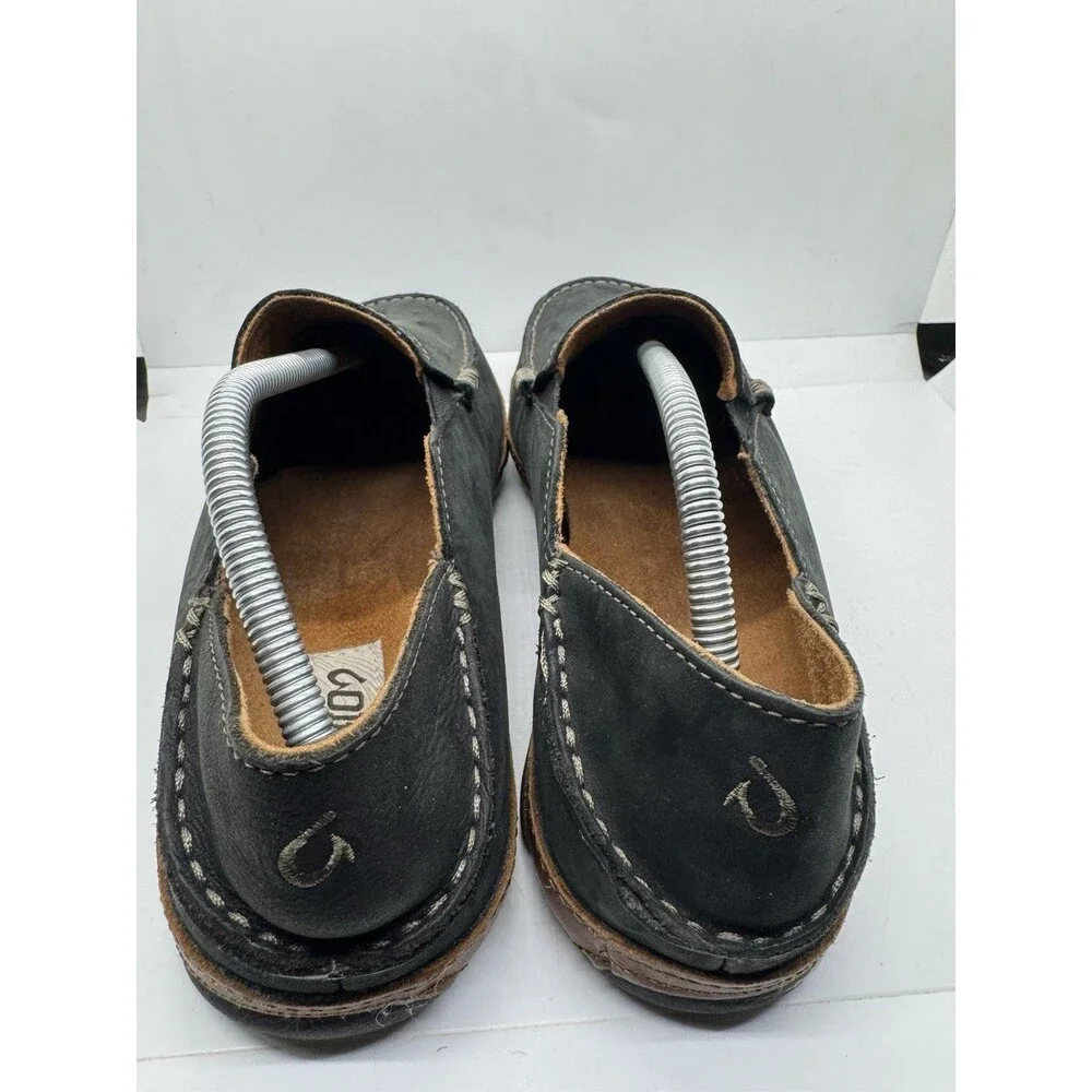 OLUKAI Moloa Leather Nubuck Mens Size 10.5 Black Slip On Shoes 10128 4033